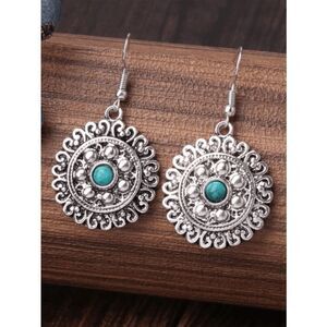 SILVER TURQUOISE ROUND BOHO FILIGREE STYLE DANGLE EARRINGS